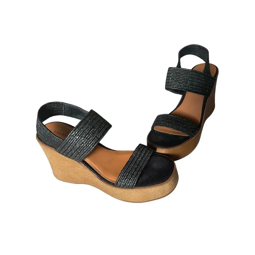 Platform Wedge Heel Sandals BlackSize 6.5M Slip On Open Toe Festival Party Fair